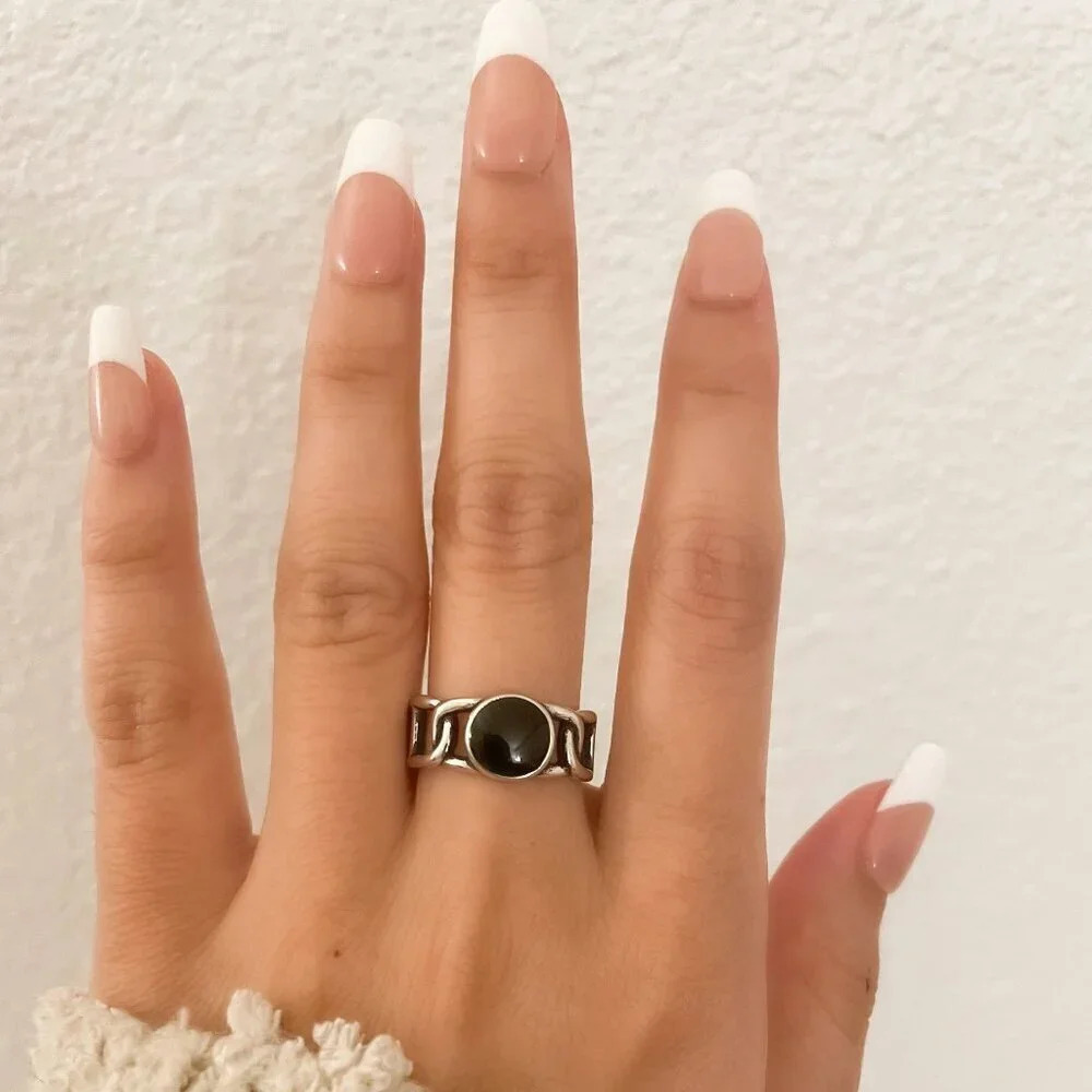 925 Sterling Silver Black Circle Ring Dainty Ring Geometric Minimalist Ring - Picture 3 of 9